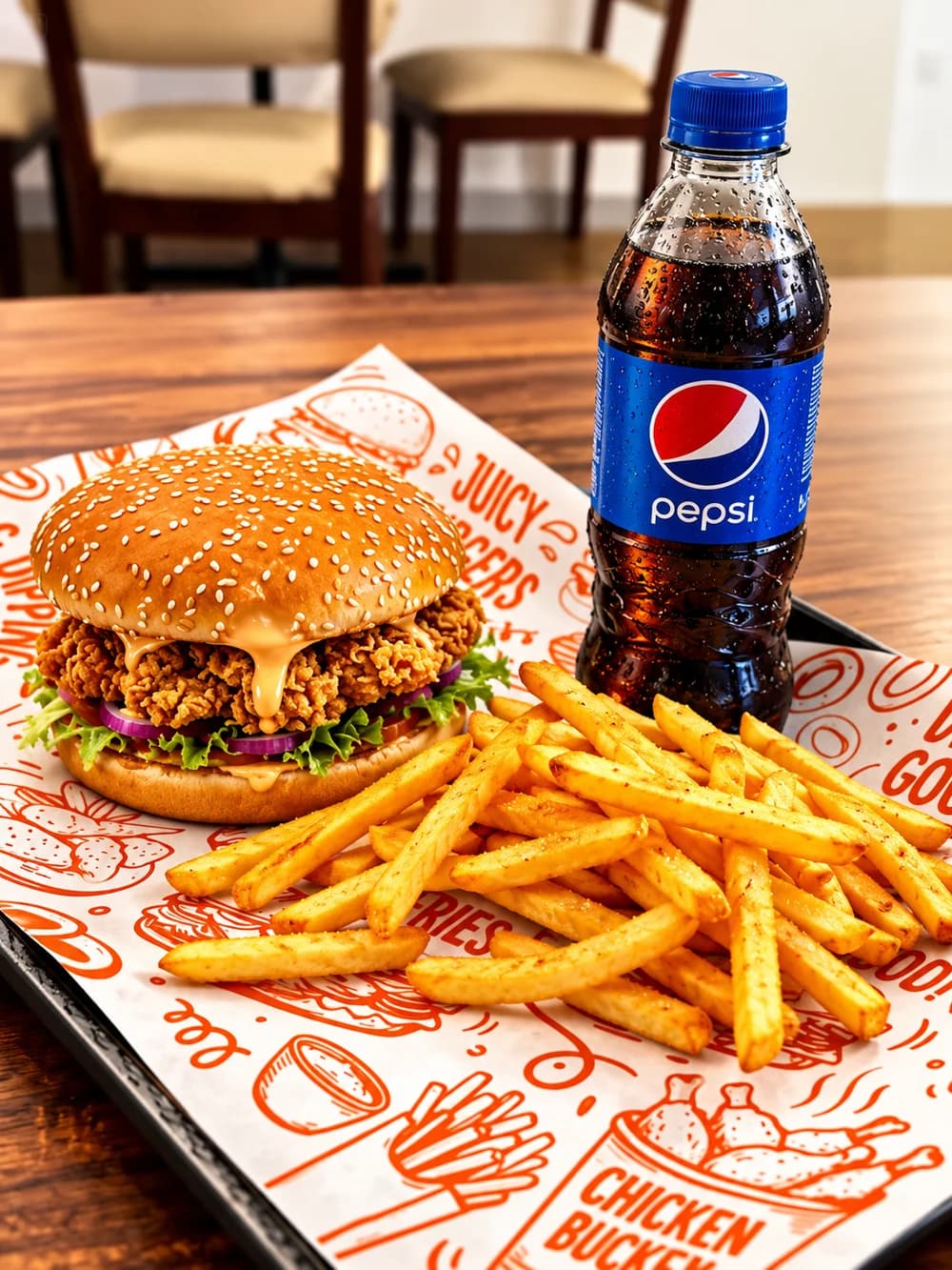 BigDip crispy chicken burger, French fries and a bottled soft drink